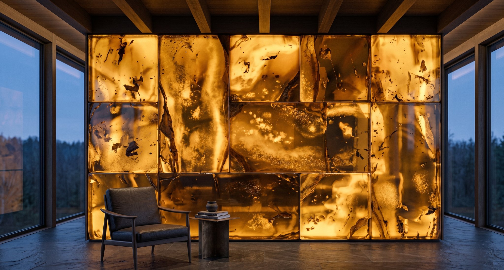 Residence living room with a lit amber feature wall