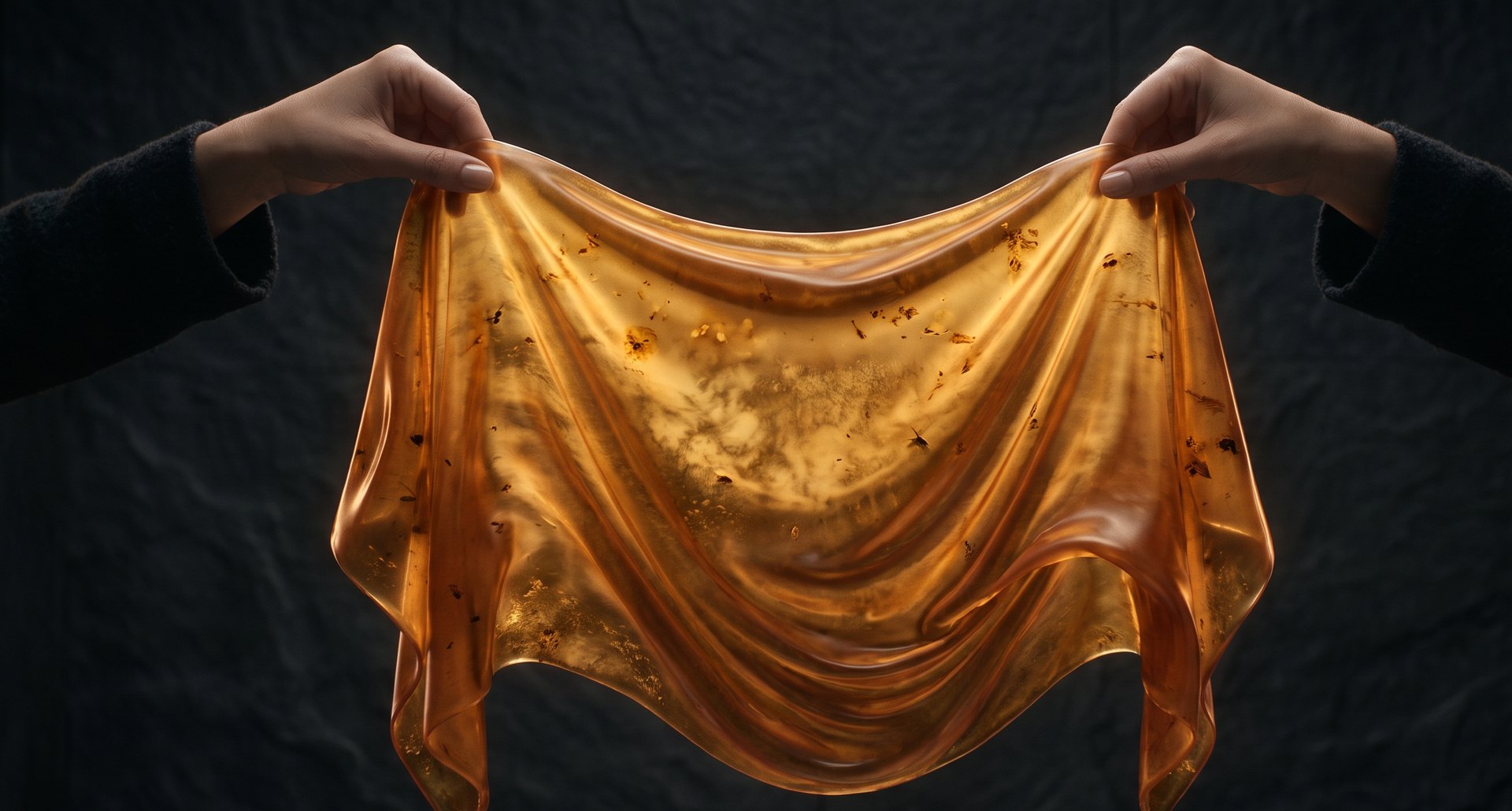 Two hands holding a thin sheet of glowing amber that drapes like silk, against a dark studio background