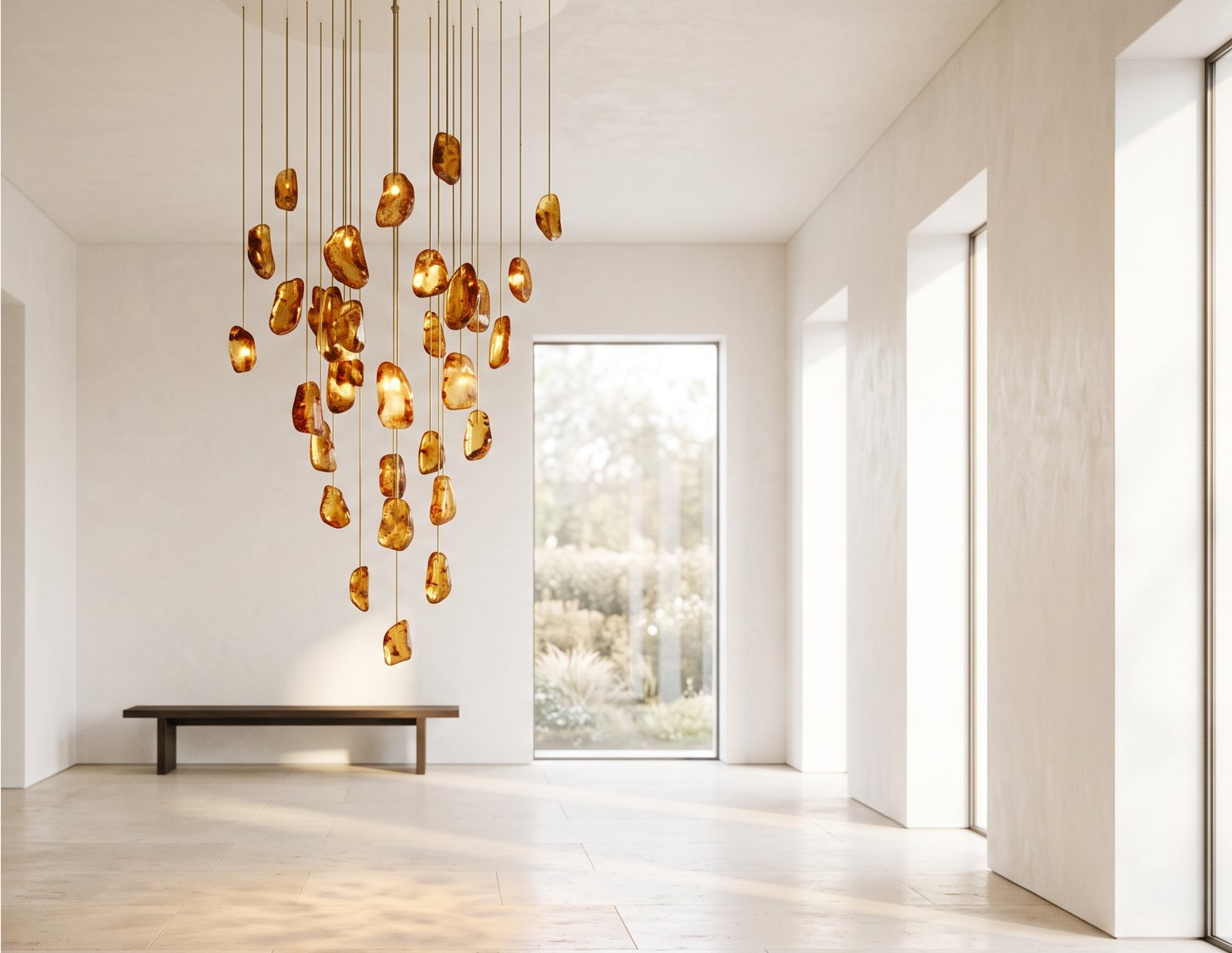 Sculptural chandelier of raw polished amber pieces in a bright ivory room