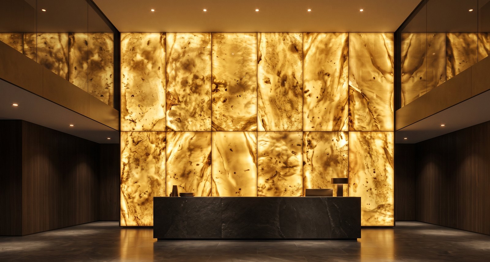 Double-height hotel lobby with a monumental backlit amber wall behind a dark stone reception desk
