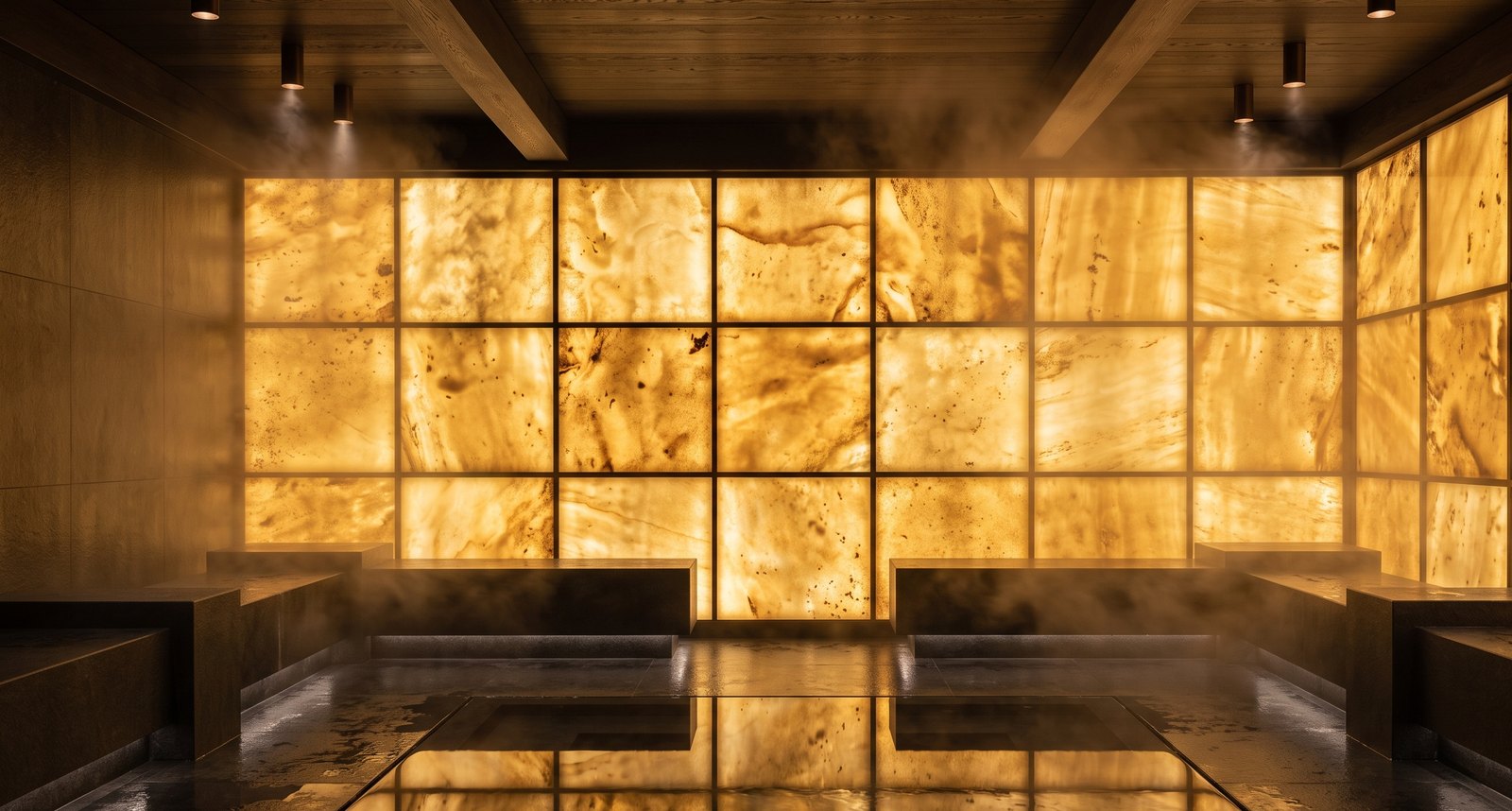 Private spa with a glowing backlit amber wall, steam and dark basalt stone